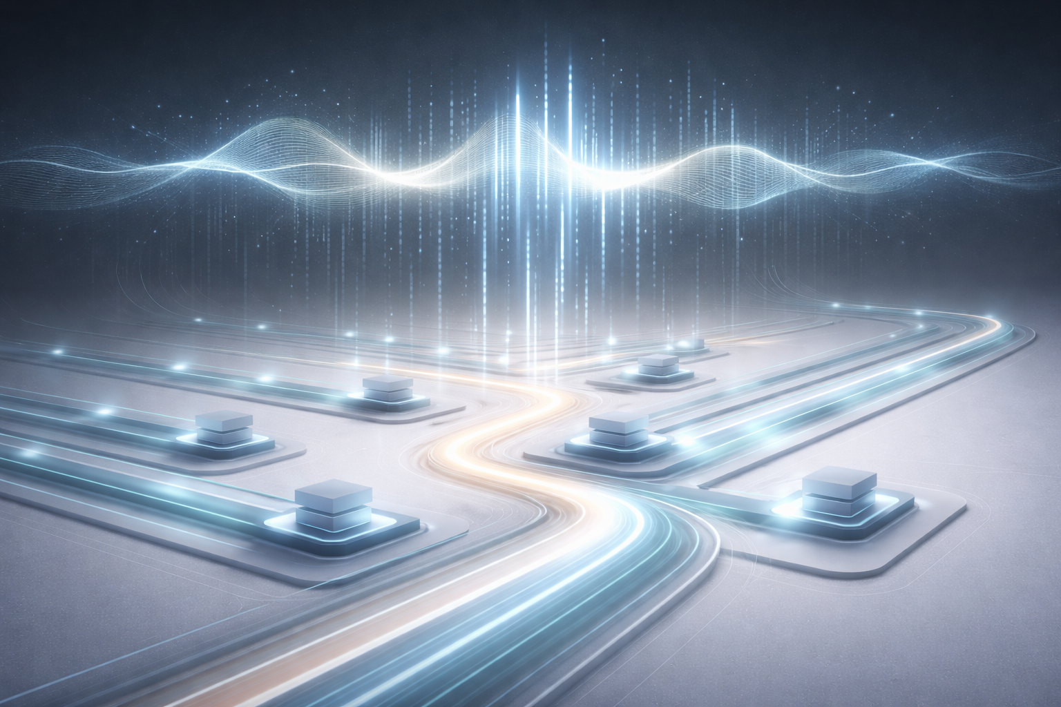 Conceptual visualization of voice signals transforming into structured data flows representing Voice AI understanding intent in modern business systems.